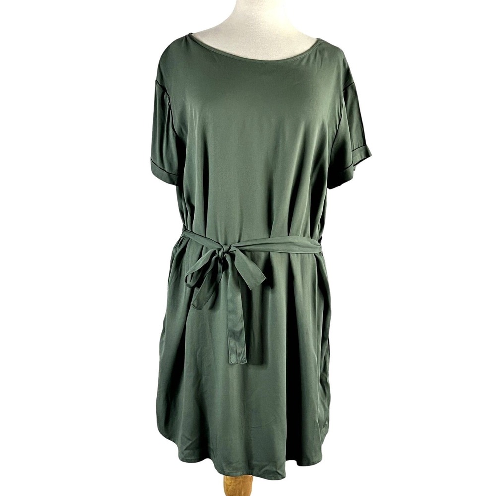 H&M Divided Olive Green Tie Waist Shift Dress Short Sleeve NEW‎ Size L
